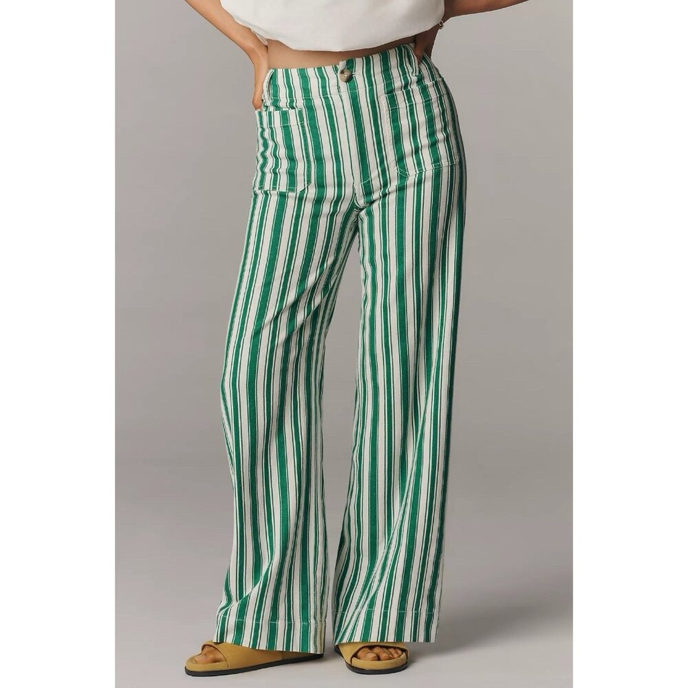 Anthropologie Colette Full-Length Wide-Leg Pants Maeve Green Striped Size 29 NWT